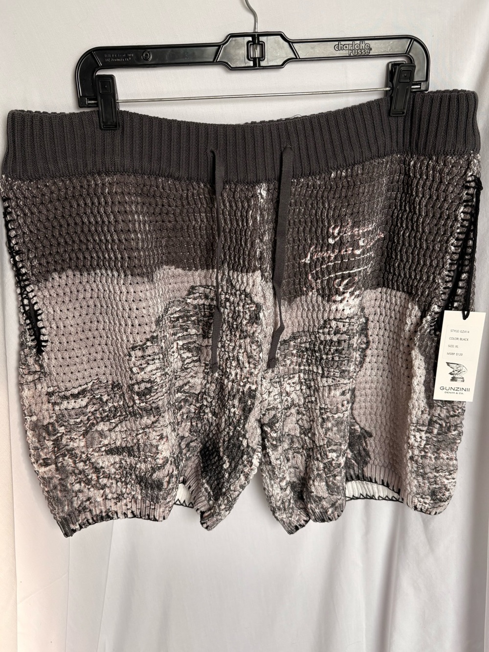 Gunzinii Denim Knit Shorts XL Black GZ414 Textured Graphic Drawstring NWT